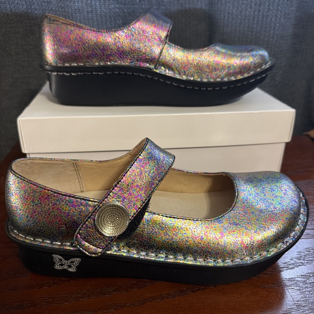 Alegria Paloma Mary Jane Womens 7 EU 37 Metallic Rainbow Button Comfort Walking